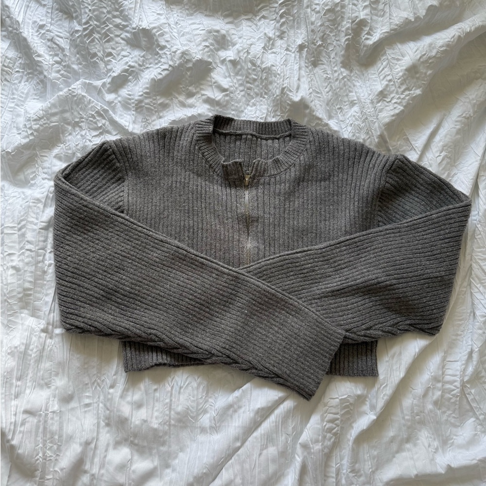 MUSERA Rib-Knit Half-Zip Cropped Grey Sweater